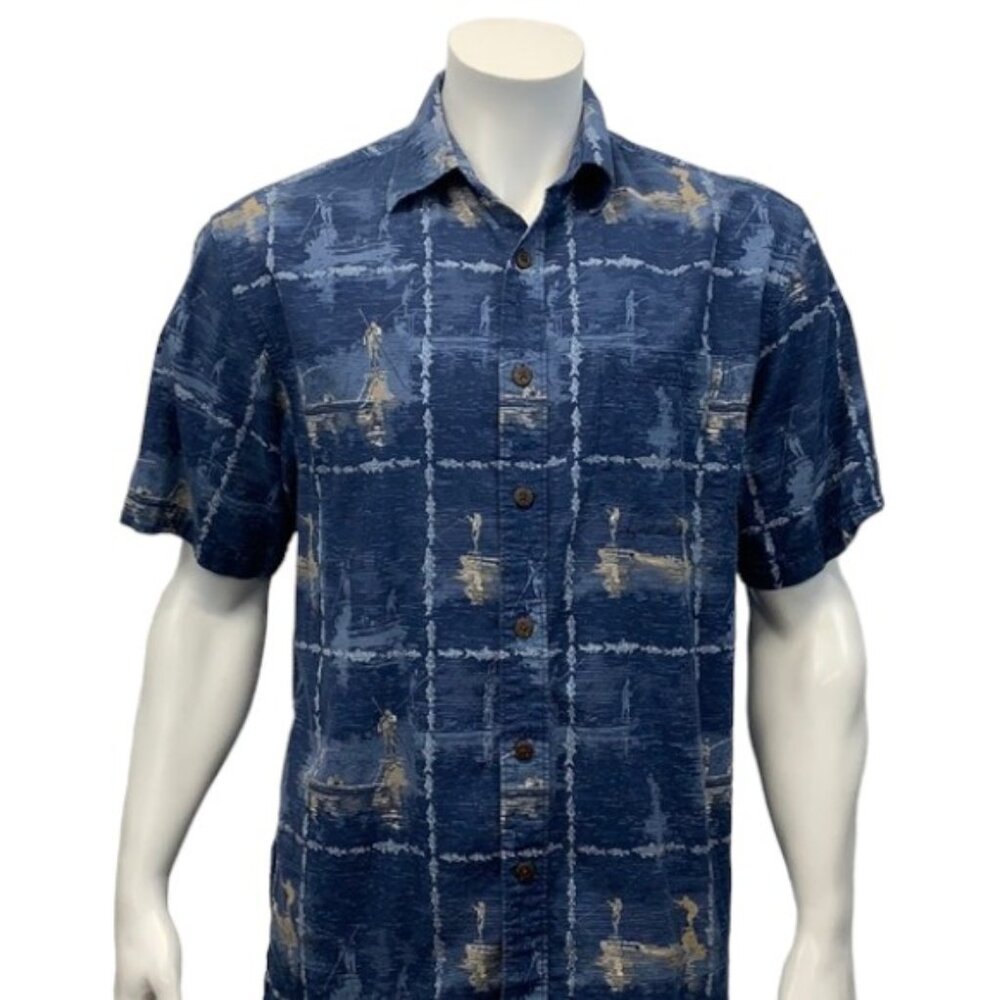 REEL LEGENDS Fishing Boats Blue SS Shirt Medium